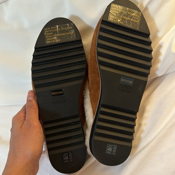 Eileen Fisher Suede Shearling Lamb Fur Slide Slip on Mules Brown - 7 - Picture 11 of 11